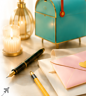 A teal mailbox, pink envelope with a heart seal, fountain pen and candle on a table